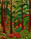Placeholder: A dark brown rainforest with chili pepper trees designed in Indian Gond art painted by Paul Ranson