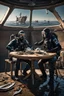 Placeholder: 2 divers in full gear sitting at a round table having tea, the table is in the middle of a dried out sea, around them are shattered dead fish, dead starfish, ship reck, 8 k realistic