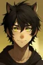 Placeholder: At teen male with messy black hair, gold eyes, black cat ears, slight smile