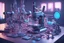 Placeholder: futuristic microscope and other laboraory gadgets on a bench , 16k, 3d rendering, expressively detailed, futuristic, cyberpunk, dynamic light, expressive lighting, neon lighting,