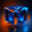 Placeholder: a blue metallic 4d Tesseract ,inside a 4d orange Tesseract rotating cube in a four dimension environment