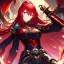 Placeholder: girl, masterpiece, best quality, volumetric lighting, detailed outfit, perfect eyes, long hair, red hair, red eyes, dragon girl, armored clothes, angry, looking down,