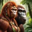 Placeholder: Two characters in the heart of the rainforest: the majestic female orangutang Queen, half woman, half monkey. Her fiery auburn hair and her diadem shimmered in the light while her wise amber eyes met her muscular bodyguard gaze with a mixture of curiosity and wisdom. The Queen exuded an aura of grace and command.