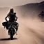 Placeholder: Mad Max style young woman on a motorcycle with water and backpack