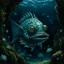 Placeholder: A dark bluish teal underwater abyss with angler fish painted by Vincent van Gogh