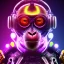 Placeholder: A beautiful portrait of a cyborg monkey purple neon color scheme, high key lighting, volumetric light high details psychedelic background