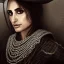 Placeholder: best quality, realistic lighting, masterpiece portrait of Penelope Cruz, details, light dusting of freckles, cowboy shot from above, simple chain hauberk, warhammerVector art matte painting digital illustration 3D shading CryEngine Behance HD 3Delight