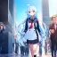 Placeholder: Clear focus, High resolution, long fluffy light blue hair, hair between eyes, long locks, wearing a sailor uniform, wearing a sailor skirt, long black socks, 1girl, cartoon, cute, UNFOTABLE studio, red tie, walking, outside setting