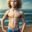 Placeholder: intricate, sharp focus, highly detailed, photorealistic, full body image of a beautiful 12 year old boy with long, blonde curly hair and light blue eyes, smiling, shirtless, in front of an distant beach