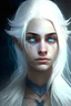 Placeholder: hauntingly beautiful character for dnd, young woman with white hair and blue eyes, angel