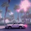 Placeholder: 1980's aesthetic vaporwave palm trees and spheres and Porsche with lightning