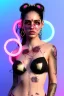 Placeholder: Ultra Realistic image, Rosalía artist, portrait, waist up portrait, black eye line, roses tattoos, gold pink and blue geisha style, spray line make up, geometric, led lights, neon, rings piercing, led ornament, fog, bubble latex coat, vibrant color, highly detailed, art stations, concept art, smooth, unreal engine 5, god rays, ray tracing, RTX, lumen lighting, ultra detail, volumetric lighting, 3d, finely drawn, high definition, high resolution.