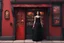Placeholder: Photorealistic image of a slender, young woman with dark hair, in a witchy, black dress, no hat, leaning back against a shop door with red-painted, large, multi-paned windows on either side of a red-painted multi-paned door. Walls made of brick. The shop is selling magic gifts and trinkets. Large sign over the door.
