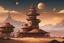 Placeholder: space western town with a large tower in a sci-fi world with planets in the sky