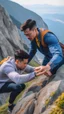 Placeholder: a man trying to help his friend from falling down the cliff by holding his hand while the friend is tangling