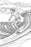 Placeholder: Outline art for coloring page OF A SURFER IN SHORTS RIDING A WAVE IN HAWAII LOOKING AWAY FROM US, coloring page, white background, Sketch style, only use outline, clean line art, white background, no shadows, no shading, no color, clear