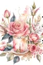 Placeholder: MAGIC WATERCOLOR CANDEL Pale pink roses, white Chinese peony, tiny apple blossoms, eucalyptus leaves, cranberry twigs, sprigs of copper pepper berries - all this is collected in a cute floral arrangement on a pink nickel mug. The mug stands on a thick white book with a picture in a gold cover. A sunny, bright image. Ad copy, huge copy space on top of the image, negative space, HD, 8k, blurred dreamy background,