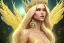 Placeholder: beautiful, very soft, smiling, very straight and long blonde hair, dewy and shiny vibe, diamond crown, long fairy wings in the back, full head, golden veil clothes, smiling