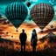 Placeholder: Double exposure photography blending distant silhouettes of a woman and a man against a dramatic sky with intricate patterns and hot air balloons on a textured surface juxtaposition of elements of nature and humanity in a visually compelling way, professional camera, zoom, edge lighting , cinematic, translucency, extrusion, gradient, mirror fade, contrast, 18K UHD