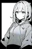 Placeholder: thoughtful girl in a loose sweatshirt, line arts, greyscale,