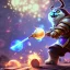 Placeholder: League of Legends style art, Oogway holding a wooden rod, high definition, magical powers, close shot, background galaxy