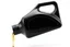 Placeholder: whole bottle(black plastic, 1 liter, quart, generic motor oil) floating on an angle in middle of image while pouring(oil) out of the opening. white background, Smooth vector