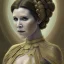 Placeholder: hyperspace background, complete and photo realistic detailed head to waist stunning photo realistic portrait of carrie fisher as Princess Leia in star wars with photo realistic minimal updo hair by Mandy Jurgens and mucha and Richard Schmid and chuck close and chie yoshii, extraordinary and detailed ceremony dress of star wars,brown eyes