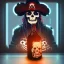 Placeholder: a cyberpunk hacker pirate captain skeleton holding beer with a pirate hat sitting in front of a huge old crt monitor in a dark room , only light coming from crt monitor, highly detailed, intricate, digital art, trending on artstation, trending on cgsociety, by greg rutkowski