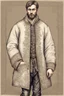 Placeholder: age 20, man, medieval, fighter, russian, croocked nose, czar, rich, simple clothes, short messy hair, thick beard, oligarch, brocade coat with fur, brocade clothes, pencil drawing, muscles, 20 years old, medival leather bootsspitz, gewand aus seide