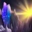 Placeholder: photograph of a (one massive colorful crystal:1.2) growing out of the crystal rocky mountain, (focus on crystal:1.2), 4k, 8k, (highly detailed), ((landscape)),(translucent crystal:1.1), light going trough the crystal, bokeh, chromatic aberration, mountain view,