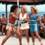 Placeholder: (typical scene of a movie from the 80ties) casual wrestling fight during a Cruise in the South Pacific: a blonde vs a brunette, the brunette wears a short high dress, the blonde wears a swimsuit