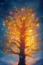 Placeholder: Unforgettable photo of a vibrant Big tree, stretching high above the clouds, its branches adorned with radiant colourful lanterns that lead the way to a hidden realm of celestial vivid spirits. sunset setting, birds and fireflies flying