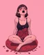 Placeholder: Petit weird woman crushed inside really darkred fleshy stomach filled with digestive juices, sit pose, fullbody, screaming, tears, Junji Ito style, pink tones, pastel tetradic colors, 3D vector art, isometric style, retro aesthetic,