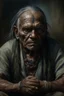 Placeholder: A native Indian , they but a fabric on his eye so he can not see and his arms are Handcuffed. looks miserable with bruises on his face like he has been beating sitting on a broken chair in a prison with dem light and dark prison environments , Busch painting style , sureal