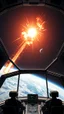 Placeholder: Earth with explosions in the space seems from a huge spaceship windows and two pilots are looking at it though a spaceship of the control from the space