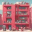 Placeholder: A vertical cross section of a multi-story building showing various rooms and inhabitants, including a person in a red shirt reading at a desk, another person dressed in pink washing clothes, and an elephant in a room with a red wall, with a sky sunny outside