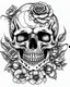 Placeholder: realistic skull with roses tattoo idea, line art, background, vector, svg, black outline on white background, leave plenty of white space beetween lines for coloring, tattoo style, tattoo idea,full body