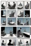 Placeholder: a page divided into 6 rectangular panels, each with different views of a man strapped to a chair and being interrogated, lower and higher perspectives, front and back, overhead light, suspenseful torture graphic novel, comic book