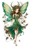 Placeholder: Forest fairy with iridesand teal wings and a cute short leaf dress and pointed ears and multiple vine earings and ear cuffs flying through a mythical forestand brown wavy hair