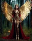 Placeholder: Photography full body A Length image of very beautiful Super model Russian Woman,long hair red as an Beautiful Archangel with wings made from metal craft,dressing luxurious golden and black color armor filigree combination fully crystals diamonds stone,luxury boots shoes,in magical night forest full of lamps Background