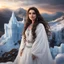 Placeholder: Hyper Realistic close-up-view of Beautiful Happy Pashto Girl with beautiful hair & beautiful eyes wearing white-dress-&-black-shawl standing outside an ice-castle on mountain-top with cloudy-sunset showing dramatic & cinematic ambiance