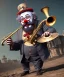 Placeholder: mechanoid old friendly fat clown with trimmed beard playing jazz with a steampunk theme, trumpet, realistic