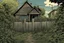 Placeholder: fence, house , overgrown apocalyptic background, comic book,
