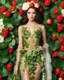 Placeholder: 📷🍓💃 length image pretty woman wearing a beautiful high details natural beuty color unique costume made of elements varieties strawberries fruits.green leaves and variaties roses,orchids flowers background