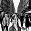 Placeholder: woman in the midle of a peatonal walk in e great city; behind her, unfocaused, other people walking, realism, black and white