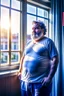 Placeholder: full figure shot photography of burly chubby turkish man 55 years old, at the windows , towel around the waist, bulge, hands behind the head, emotive eyes, long beard, manly chest, curly hair, sharp focus, backlit, harsh overhead sunlight, ambient occlusion , photorealistic , frontal view