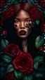 Placeholder: beautiful realistic black woman with fox face, with dark red hair and beautiful red roses growing from her, dark forest green pattern background