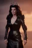 Placeholder: Sandra Bullock as evil queen in black leather gown, cleavage, angry, dominaneering, stern look unreal 5, octane render,cinema4d, dynamic lighting, dramatic lighting, 4k, redshift render, highly detailed, hyper realistic