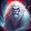 Placeholder: ghost yeti with flowing white mane and glowing red eyes in cyril rolando art style