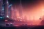 Placeholder: a cinematic view of a big future city but all the roads are rainbows